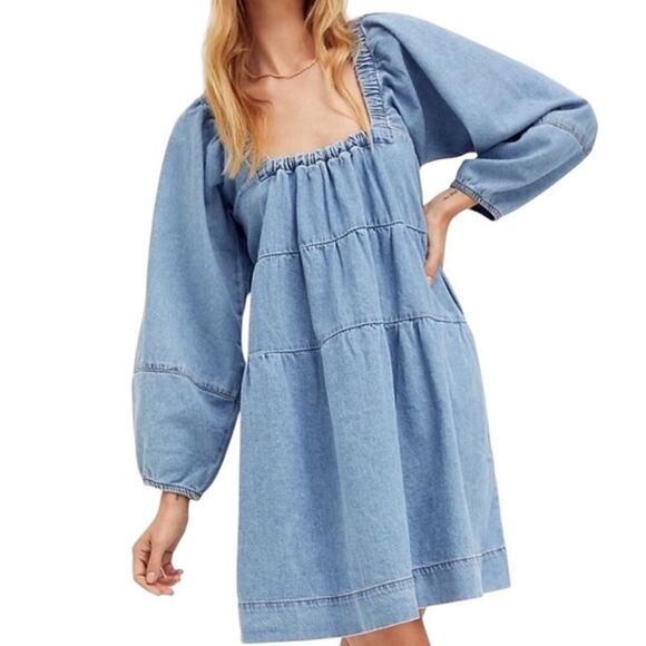 Free People Denim Babydoll Dress Women XS Light Blue Square Neck Balloon Sleeves - Picture 3 of 16